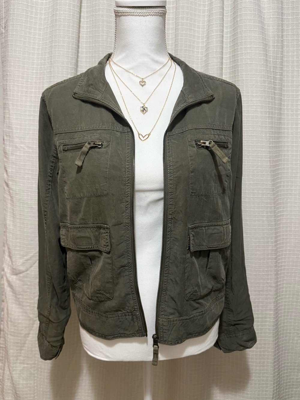 Mossimo M Olive Green Tencel Utility Cargo Jacket Zip Front